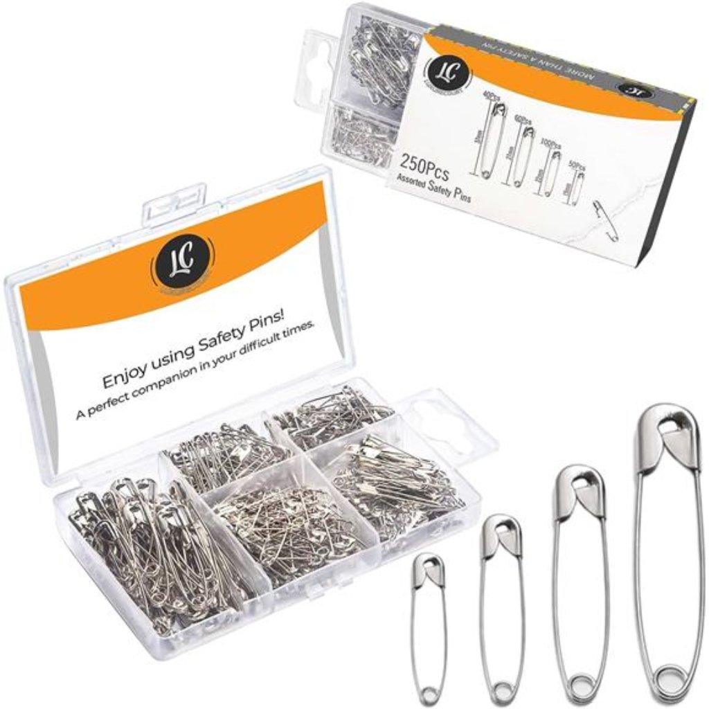250 Pack Safety Pins Assorted Sizes Of Durable Silver Small Large Rust-Resistant